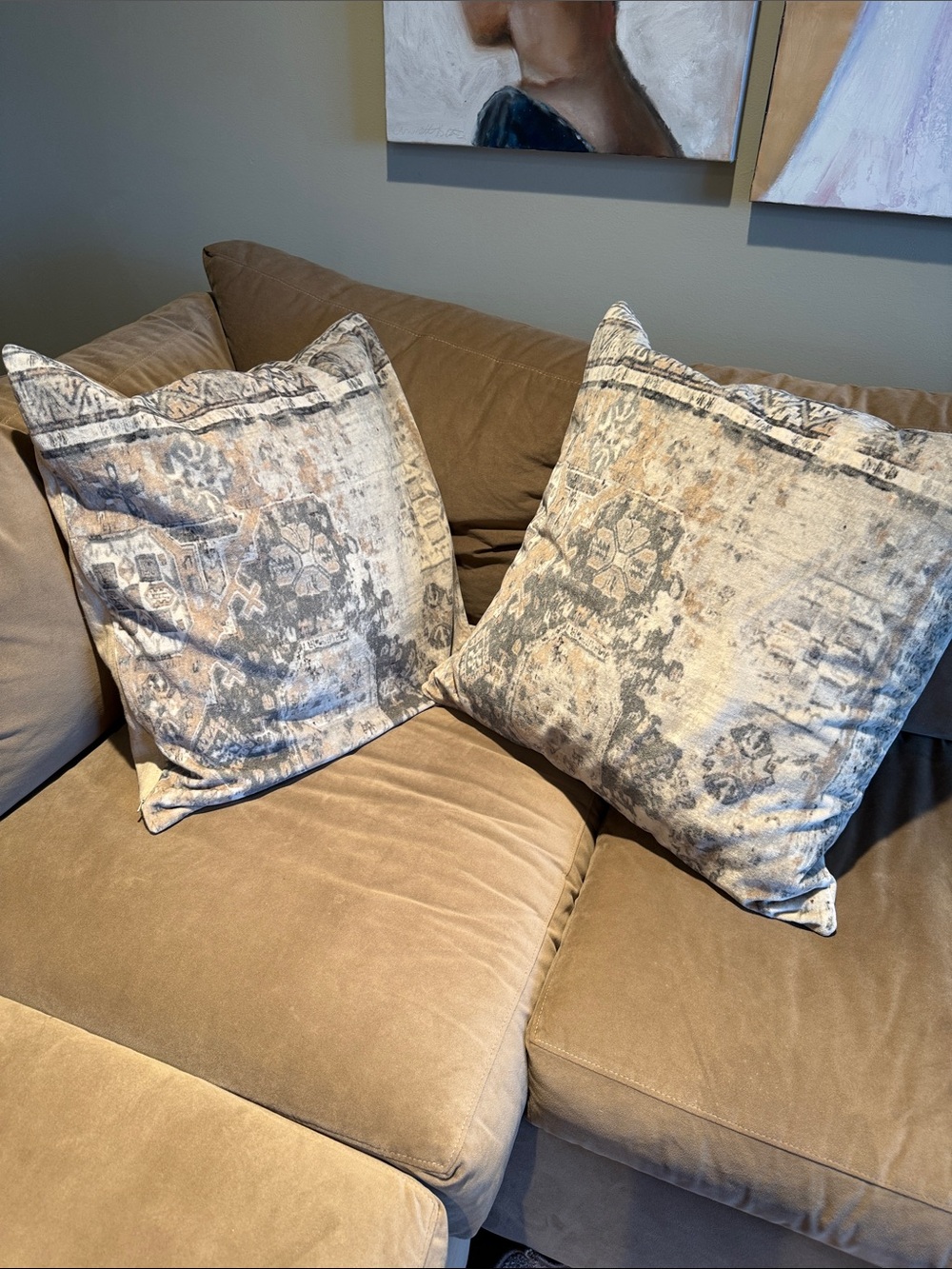 Pottery Barn Neutral Beige and Gray Patterned Accent Pillow Pair